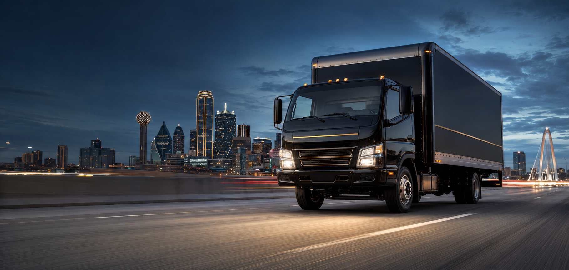 Black box truck traveling toward the Dallas skyline at blue hour